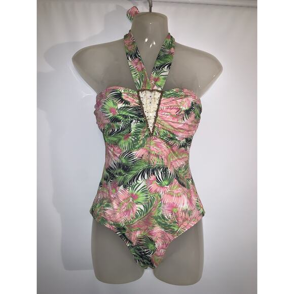 OndadeMar Other - OndadeMar One Piece Green And Pink Halter Swimsuit Size Medium